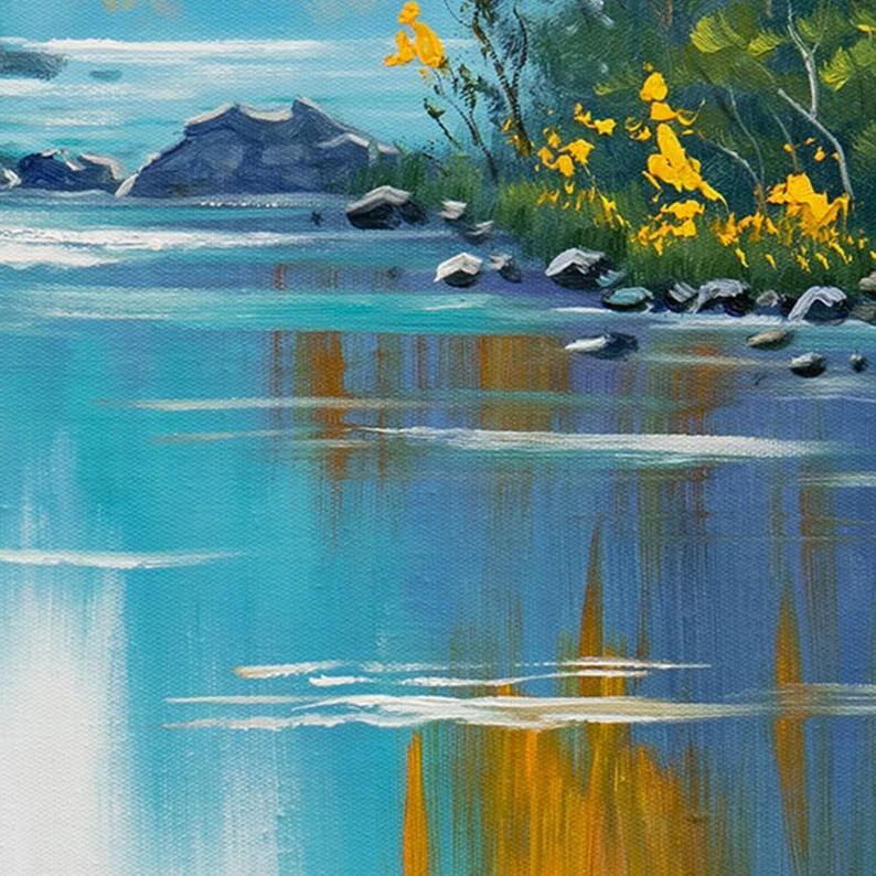 River Landscape Green Mountain Scenery Yellow Flower detail Oil Paintings
